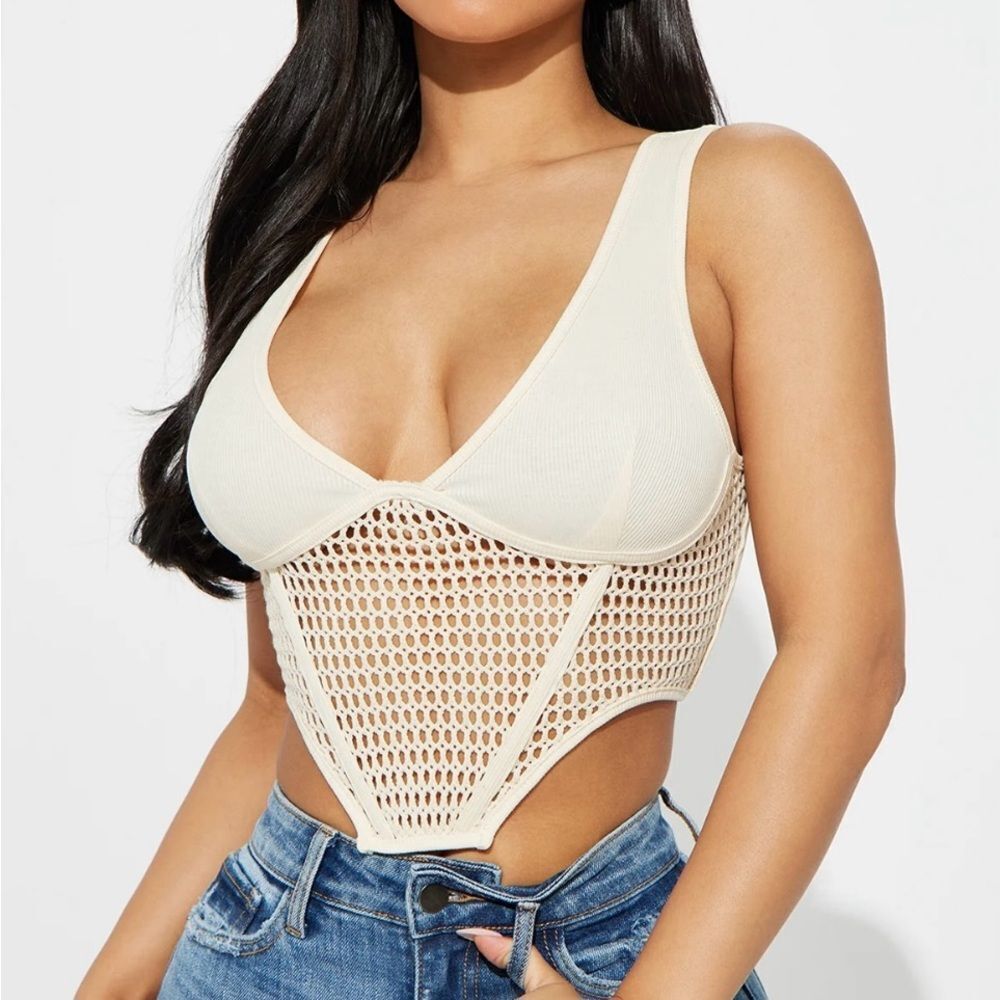Forever 21 Cream ribbed Mesh Crop Top, L